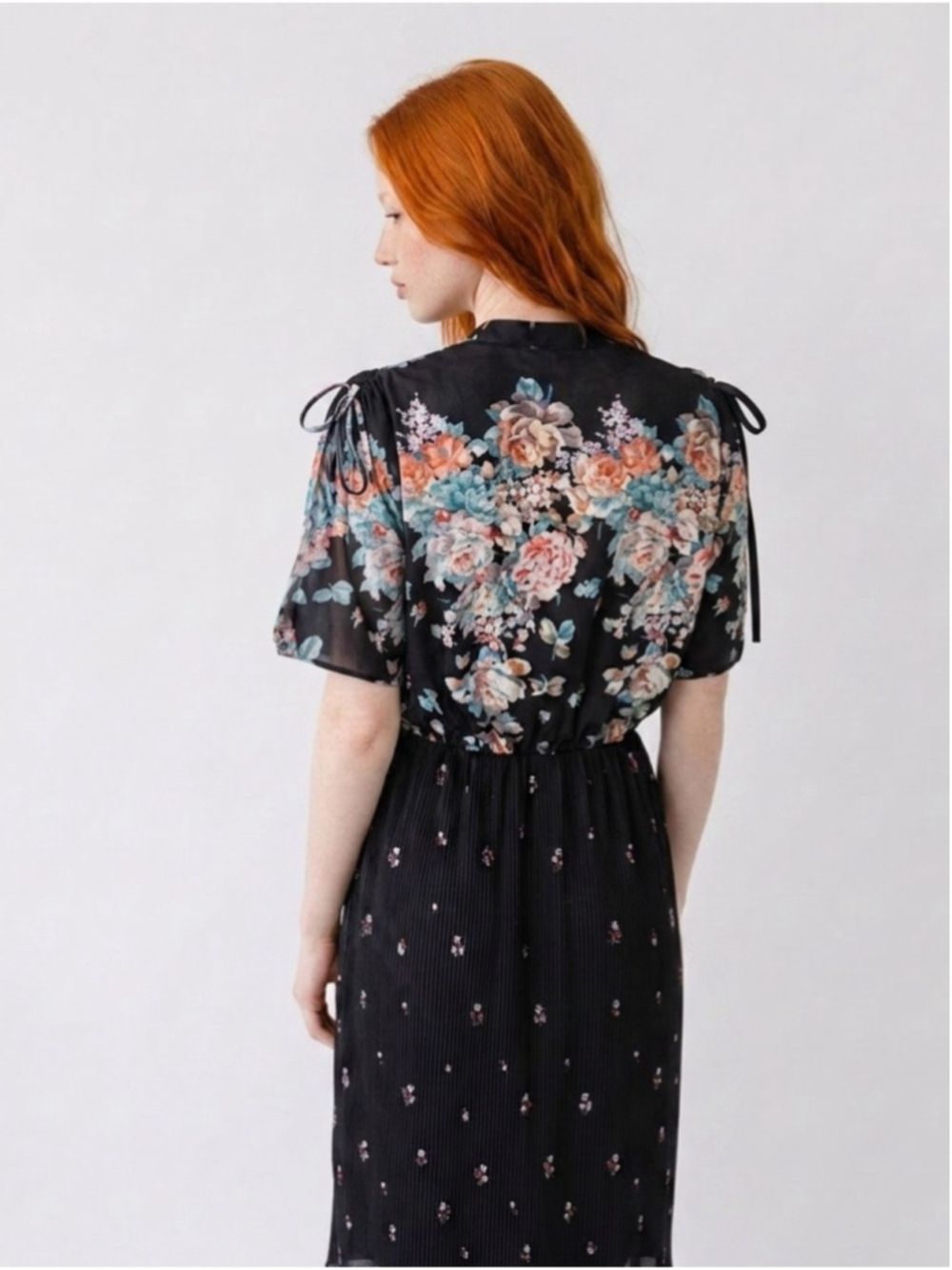 70s Black Floral Pleated Tea Length Dress - Picture 2 of 6
